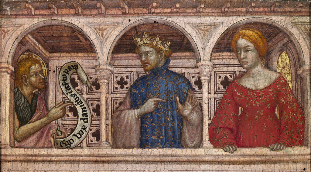 Ottaviano di Martino Nelli (Gubbio, 1370 ca – 1448-49), Polittico francescano, Erode ed Erodiade accusati da San Giovanni Battista (scomparto laterale) 1423-1425 circa, tempera e oro su tavola (Città del Vaticano, Musei Vaticani, Pinacoteca)