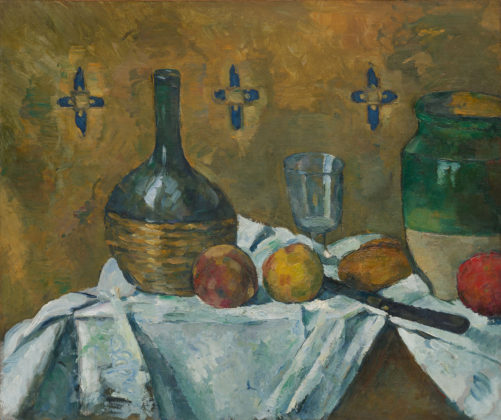 Paul Cézanne. Fiasco, bicchiere e vasellame ( Fiasque, verre et poterie ) , c . 1877 Olio su tela