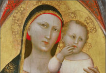 Allegretto Nuzi: Pentittico Madonna col bambino, Santa Maria Maddalena, San Giovanni Evangelista, San Venanzio "Fabriano, Pinacoteca civica “Bruno Molajoli” tempera su tavola, cm 118 x 200 - DETTAGLIO