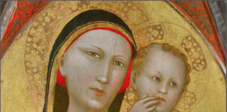 Allegretto Nuzi: Pentittico Madonna col bambino, Santa Maria Maddalena, San Giovanni Evangelista, San Venanzio "Fabriano, Pinacoteca civica “Bruno Molajoli” tempera su tavola, cm 118 x 200 - DETTAGLIO