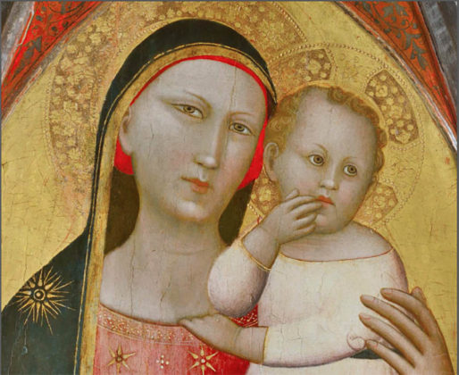 Allegretto Nuzi: Pentittico Madonna col bambino, Santa Maria Maddalena, San Giovanni Evangelista, San Venanzio "Fabriano, Pinacoteca civica “Bruno Molajoli” tempera su tavola, cm 118 x 200 - DETTAGLIO