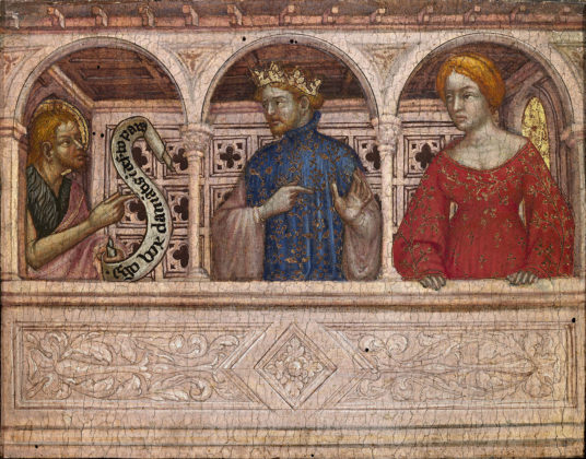 Ottaviano di Martino Nelli (Gubbio, 1370 ca – 1448-49), Polittico francescano, Erode ed Erodiade accusati da San Giovanni Battista (scomparto laterale) 1423-1425 circa, tempera e oro su tavola (Città del Vaticano, Musei Vaticani, Pinacoteca)