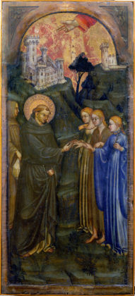 Ottaviano di Martino Nelli. Polittico francescano, Sposalizio mistico di San Francesco con la Povertà, accompagnata dall’Obbedienza e dalla Castità (scomparto laterale) 1423-1425 circa; tempera e oro su tavola (Città del Vaticano, Musei Vaticani, Pinacoteca)