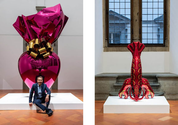 Jeff Koons: Sacred Heart (Magenta/Gold), 1994-2007 e Lobster, 2007-2012 acciaio inossidabile lucidato a specchio con verniciatura trasparente.